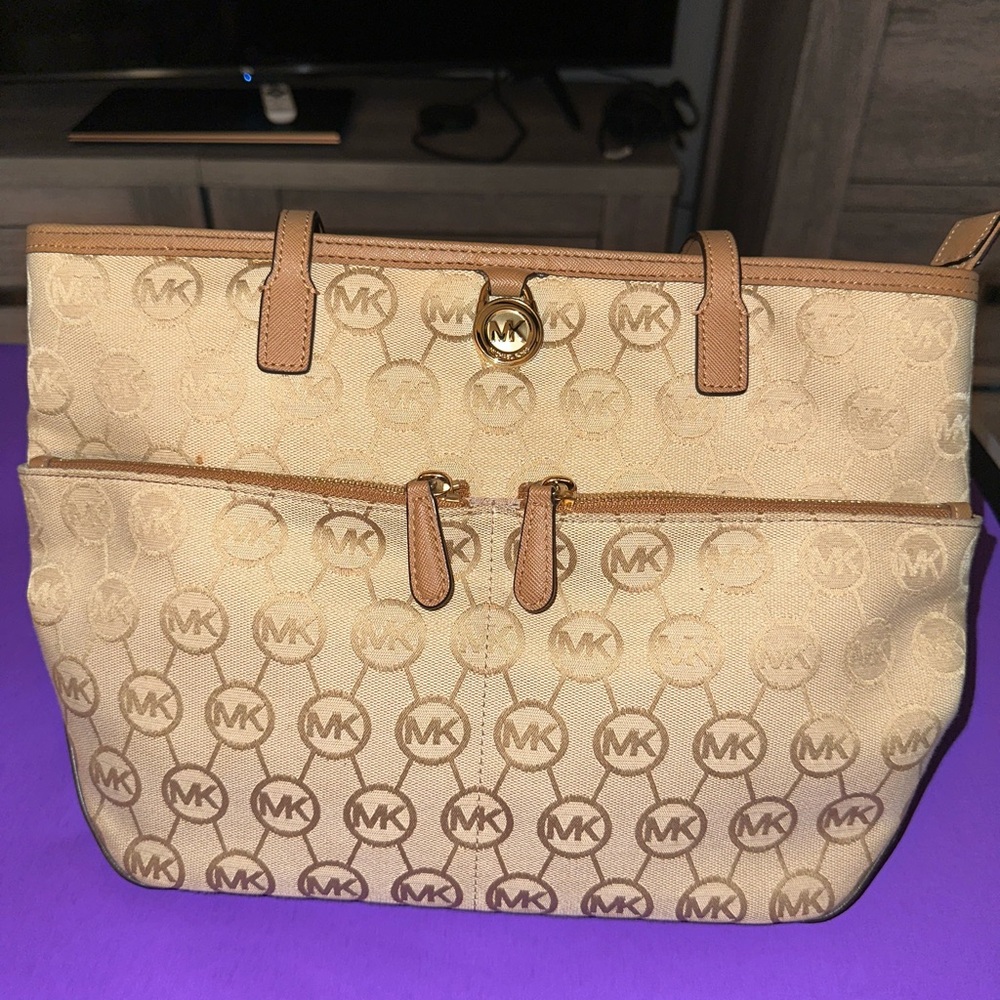 Michael Kors Tan and Brown Tote Handbag with Monogram Pattern